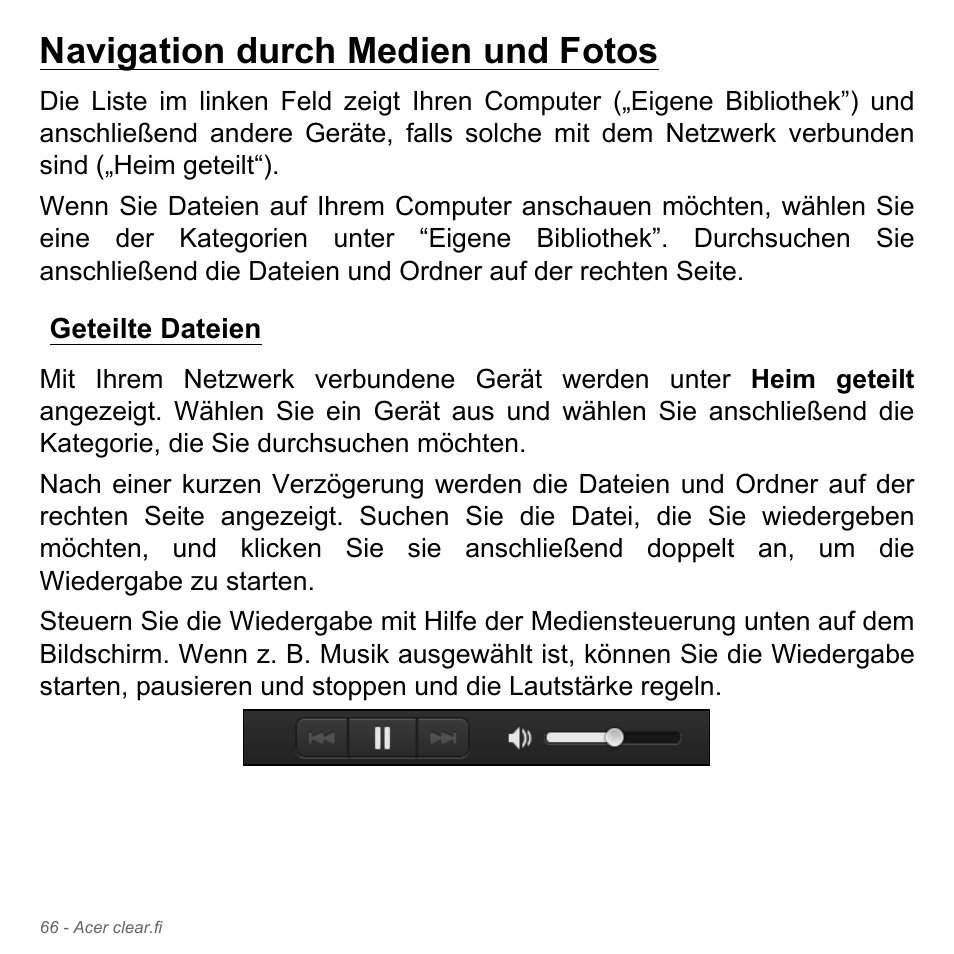 Navigation durch medien und fotos, Geteilte dateien | Acer W700P User Manual | Page 284 / 3264