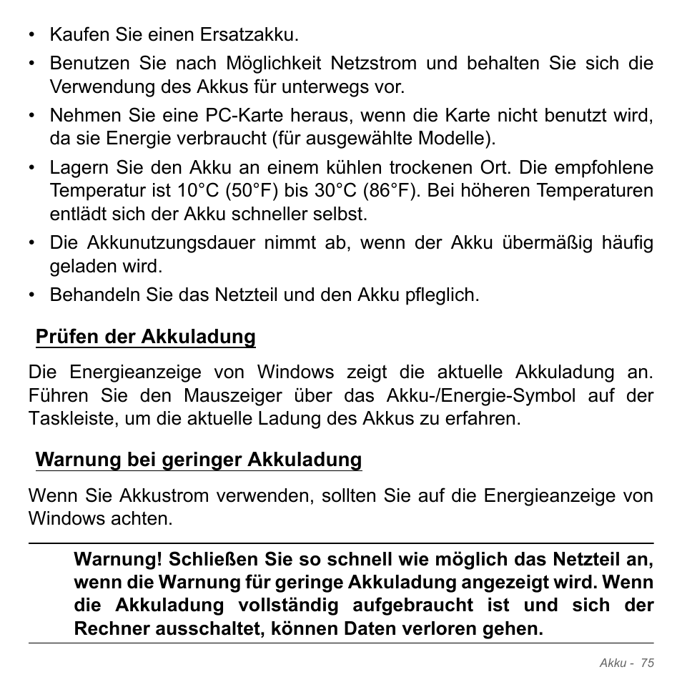 Prüfen der akkuladung, Warnung bei geringer akkuladung | Acer W700P User Manual | Page 293 / 3264