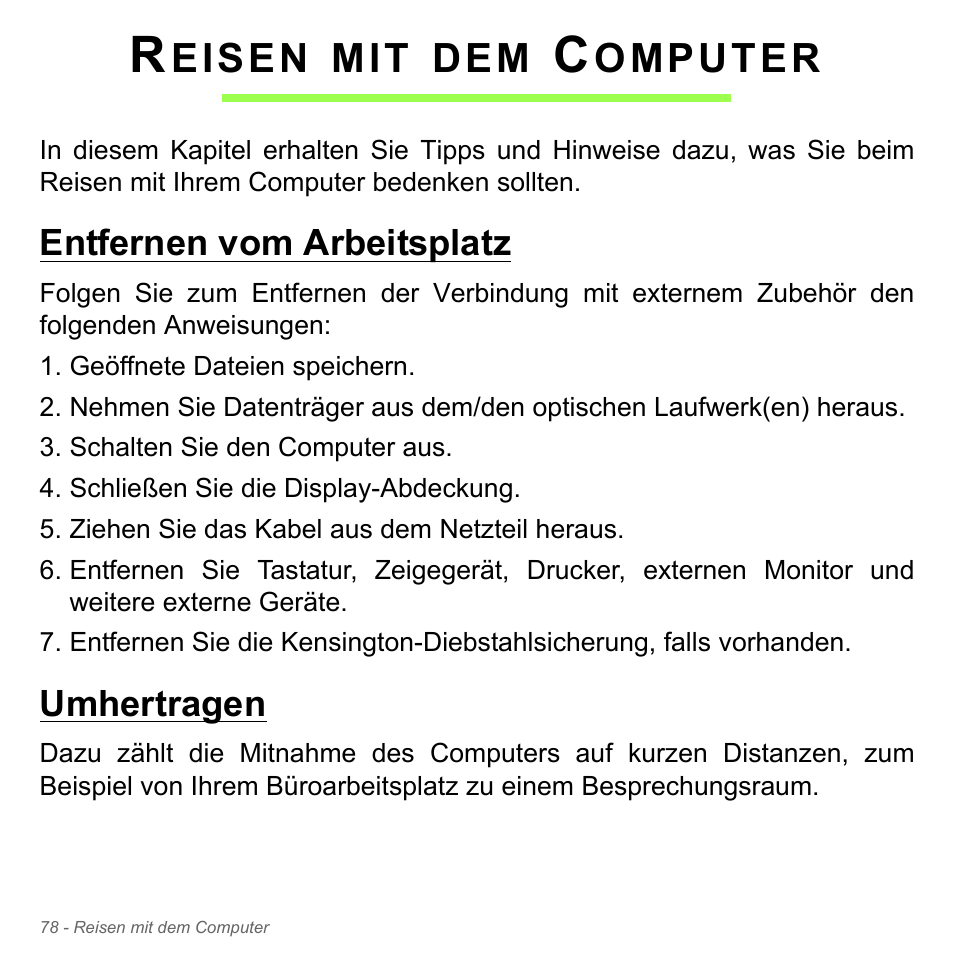 Reisen mit dem computer, Entfernen vom arbeitsplatz, Umhertragen | Entfernen vom arbeitsplatz umhertragen, Eisen, Omputer | Acer W700P User Manual | Page 296 / 3264