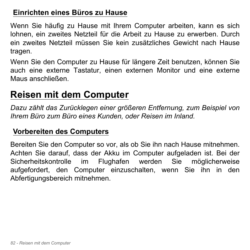 Einrichten eines büros zu hause, Reisen mit dem computer, Vorbereiten des computers | Acer W700P User Manual | Page 300 / 3264