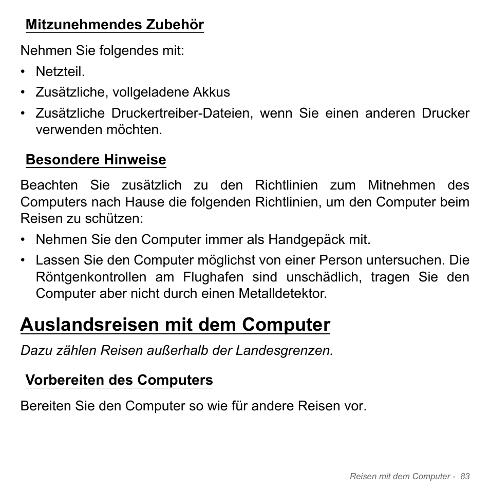 Mitzunehmendes zubehör, Besondere hinweise, Auslandsreisen mit dem computer | Vorbereiten des computers, Mitzunehmendes zubehör besondere hinweise | Acer W700P User Manual | Page 301 / 3264