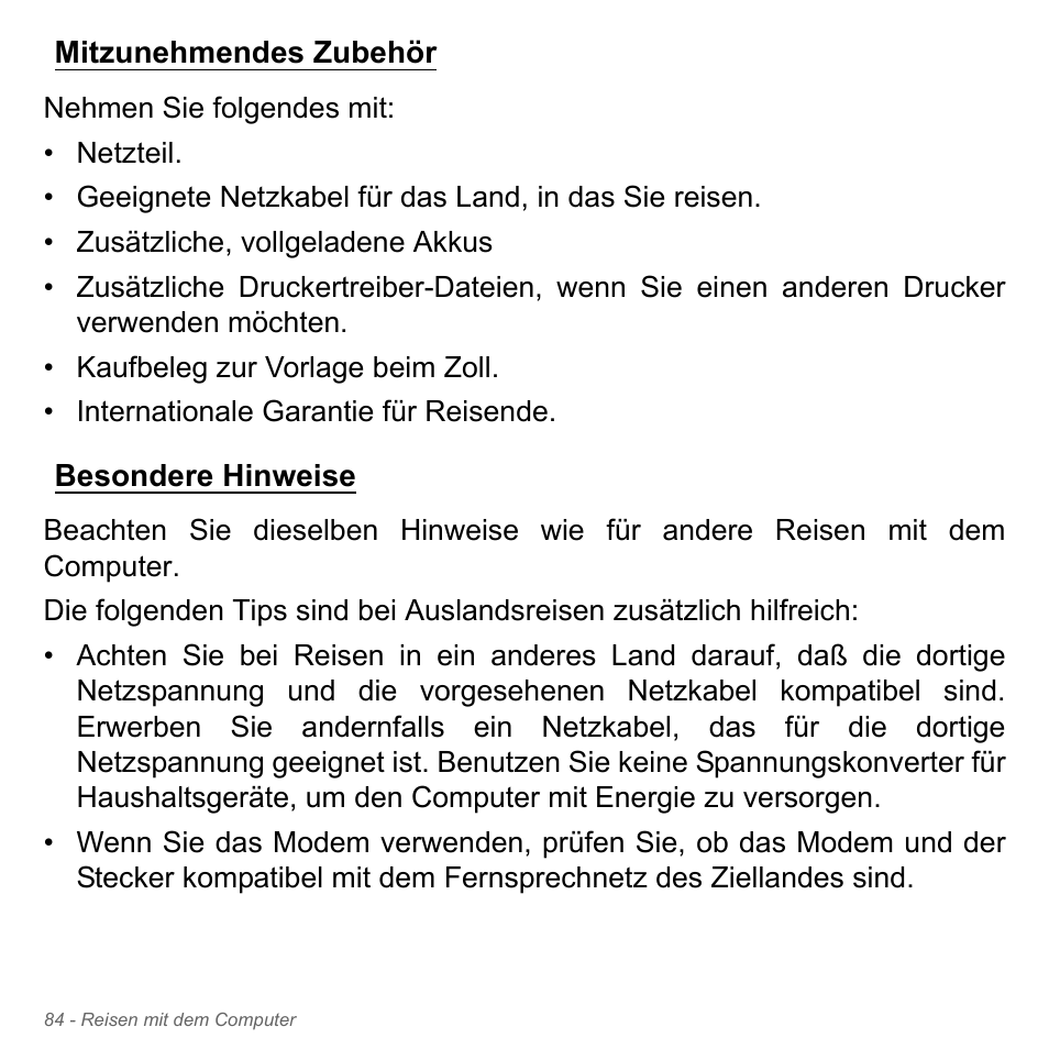 Mitzunehmendes zubehör, Besondere hinweise, Mitzunehmendes zubehör besondere hinweise | Acer W700P User Manual | Page 302 / 3264