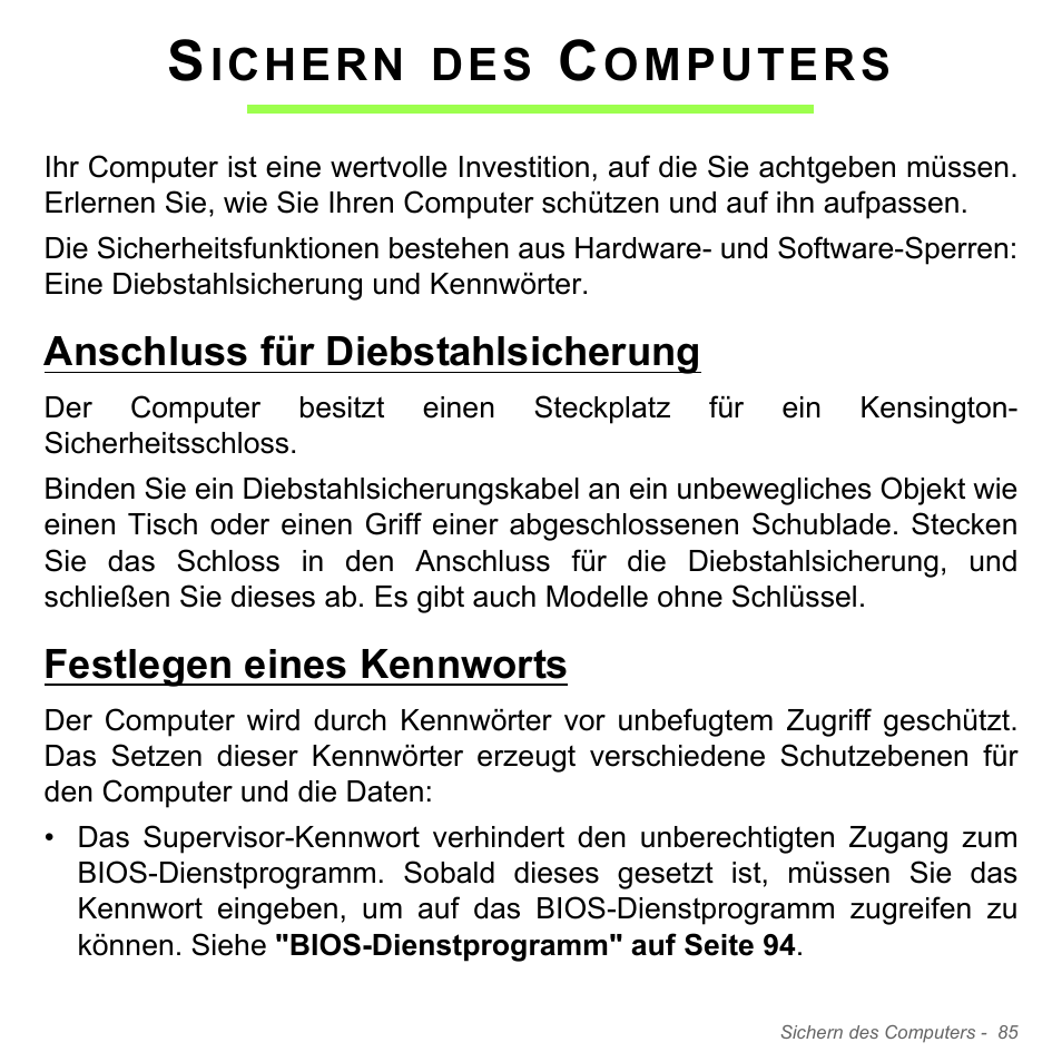 Sichern des computers, Anschluss für diebstahlsicherung, Festlegen eines kennworts | Ichern, Omputers | Acer W700P User Manual | Page 303 / 3264