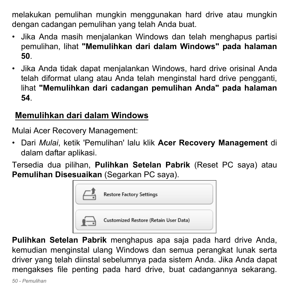 Memulihkan dari dalam windows | Acer W700P User Manual | Page 3102 / 3264