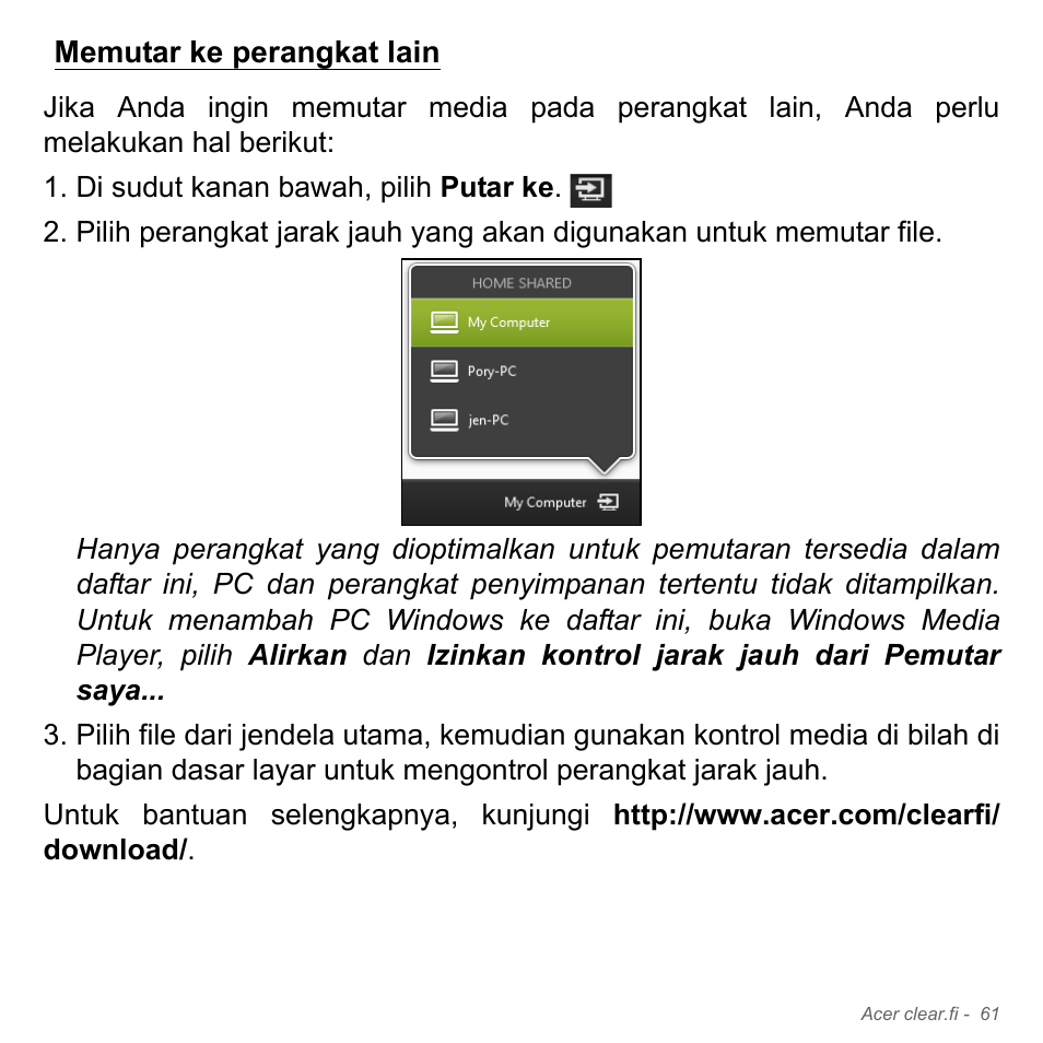 Memutar ke perangkat lain | Acer W700P User Manual | Page 3113 / 3264