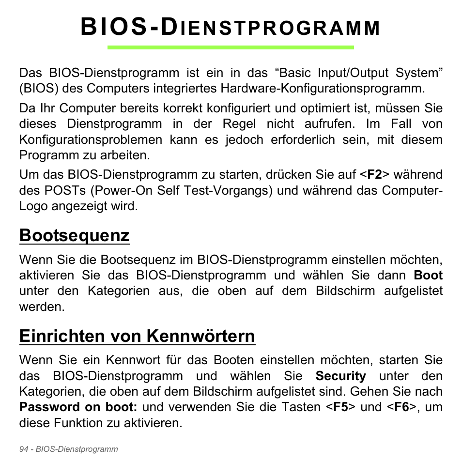 Bios-dienstprogramm, Bootsequenz, Einrichten von kennwörtern | Bios-d, Ienstprogramm | Acer W700P User Manual | Page 312 / 3264