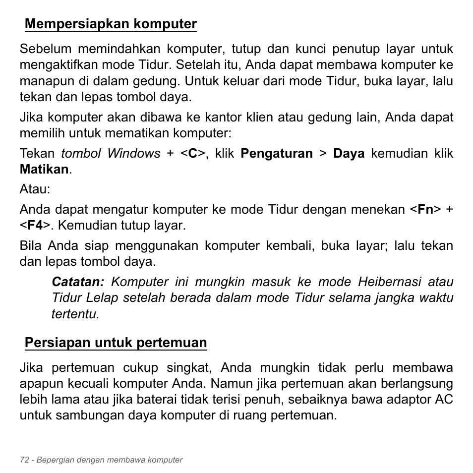 Mempersiapkan komputer, Persiapan untuk pertemuan | Acer W700P User Manual | Page 3124 / 3264