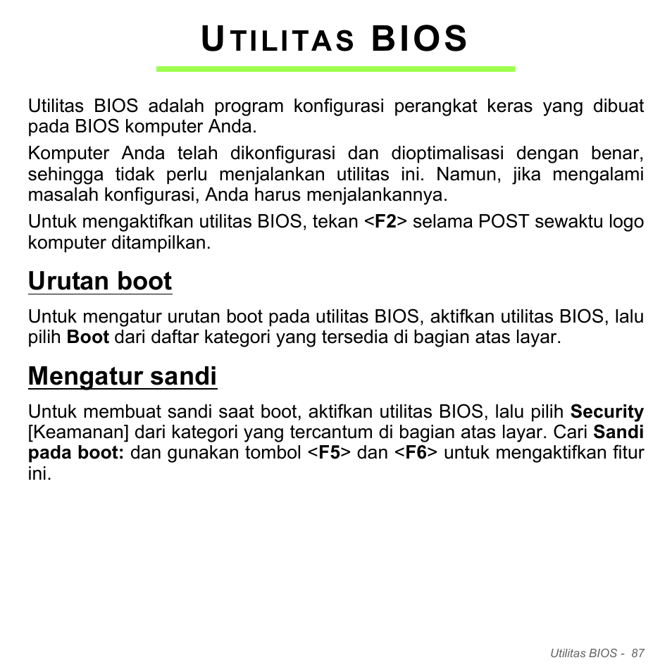 Utilitas bios, Urutan boot, Mengatur sandi | Urutan boot mengatur sandi, Bios, Tilitas | Acer W700P User Manual | Page 3139 / 3264