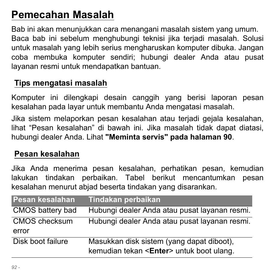 Pemecahan masalah, Tips mengatasi masalah, Pesan kesalahan | Tips mengatasi masalah pesan kesalahan | Acer W700P User Manual | Page 3144 / 3264