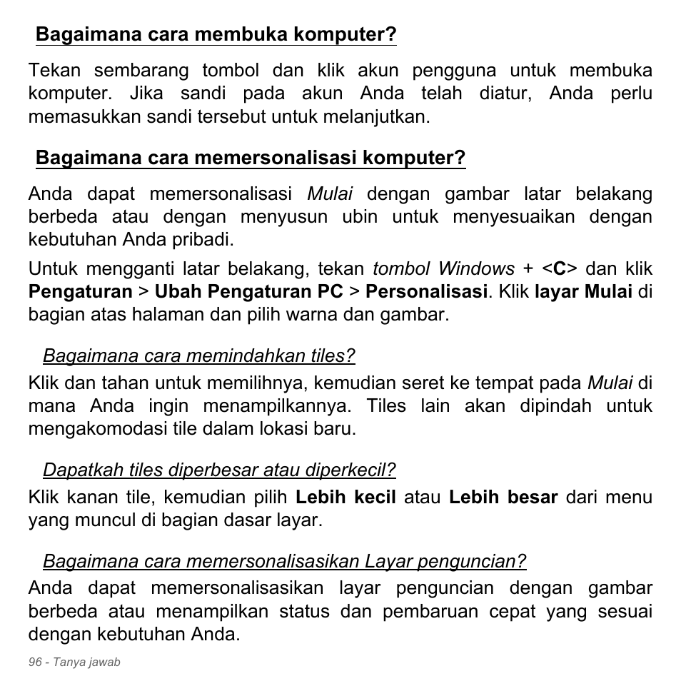 Bagaimana cara membuka komputer, Bagaimana cara memersonalisasi komputer | Acer W700P User Manual | Page 3148 / 3264