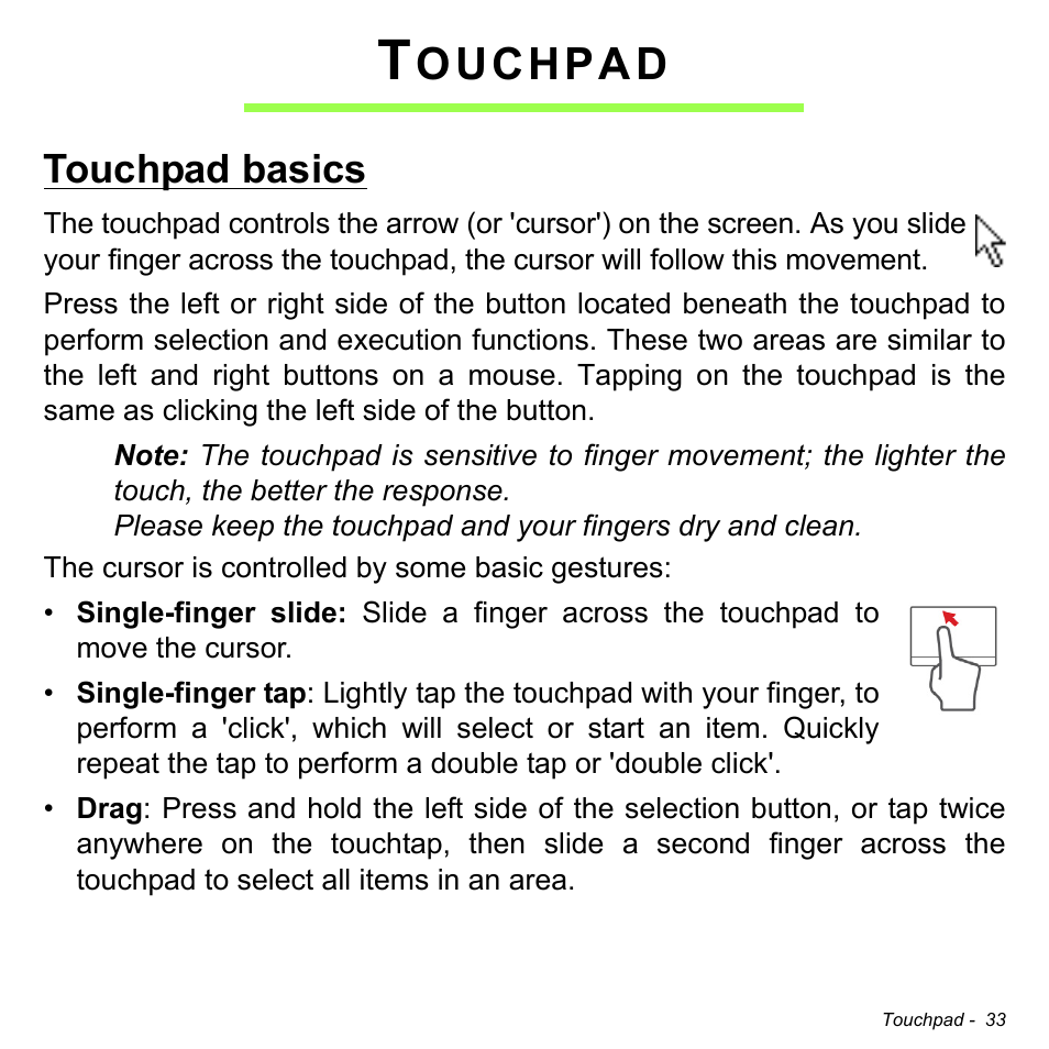 Touchpad, Touchpad basics, Ouchpad | Acer W700P User Manual | Page 35 / 3264