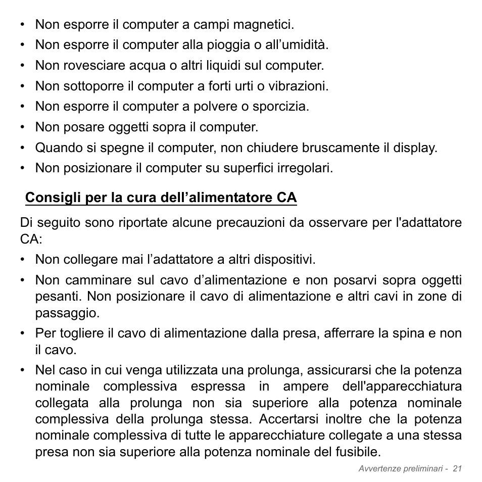 Consigli per la cura dell’alimentatore ca | Acer W700P User Manual | Page 357 / 3264