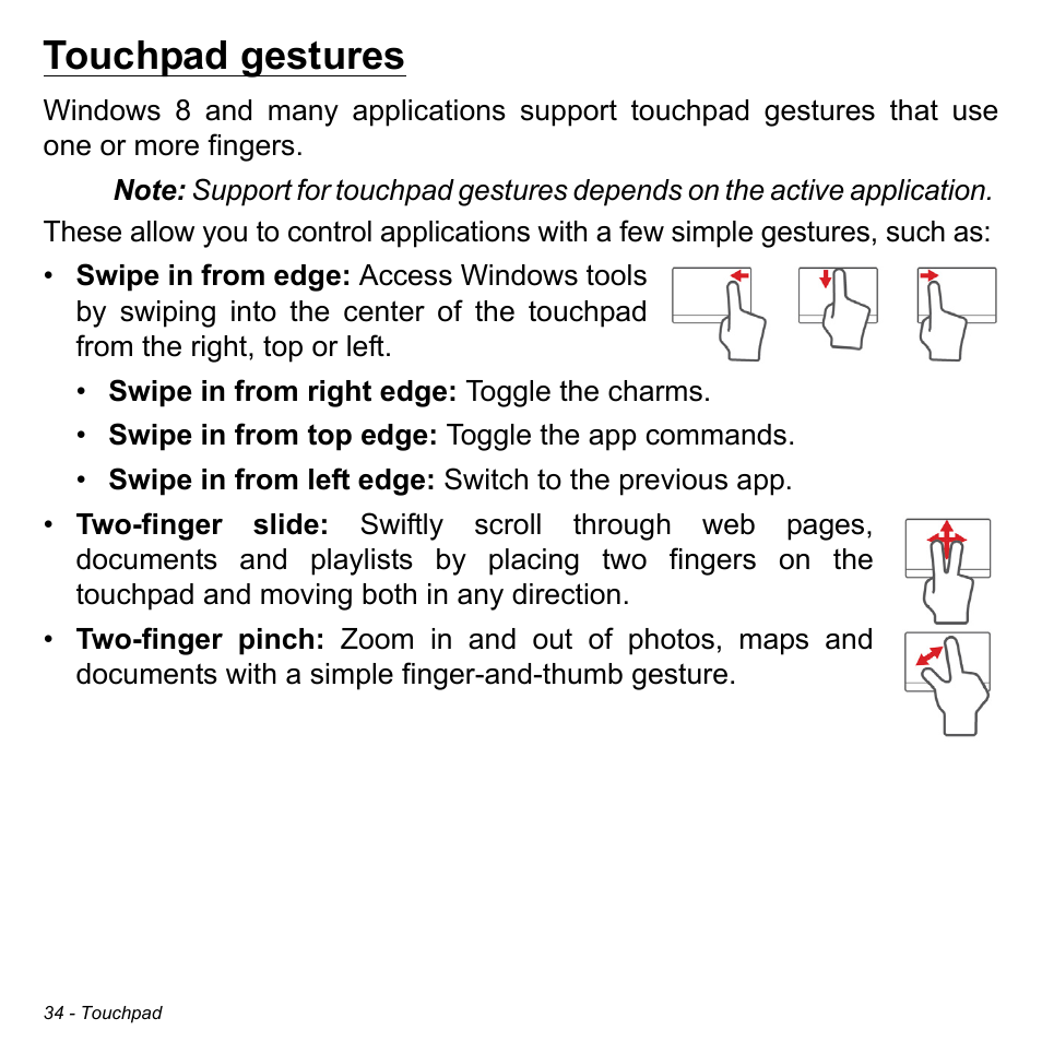 Touchpad gestures | Acer W700P User Manual | Page 36 / 3264