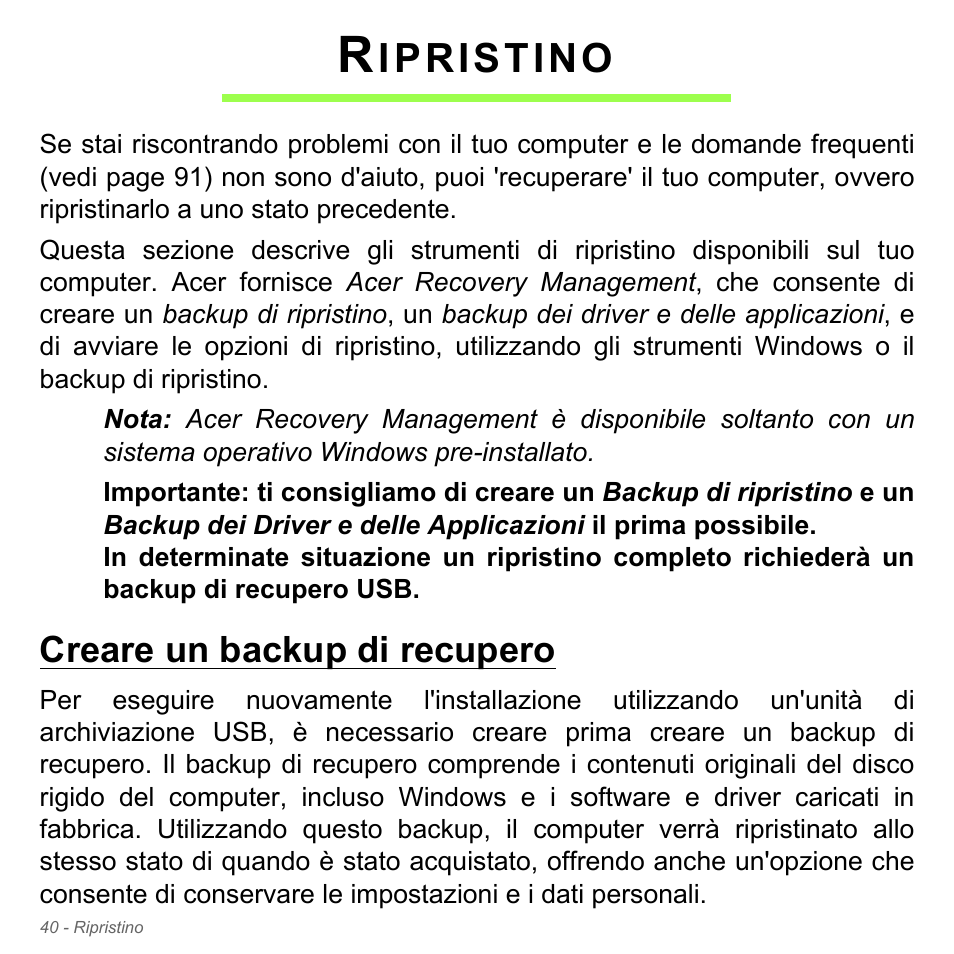 Ripristino, Creare un backup di recupero, Ipristino | Acer W700P User Manual | Page 376 / 3264