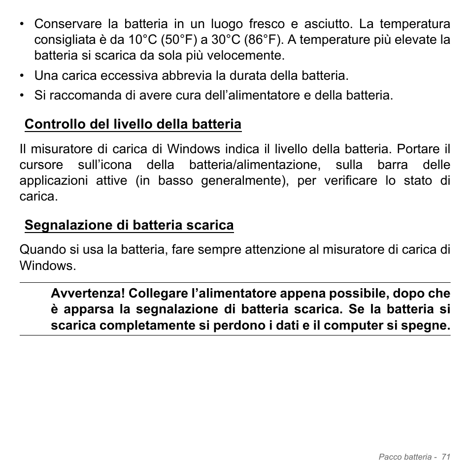 Controllo del livello della batteria, Segnalazione di batteria scarica | Acer W700P User Manual | Page 407 / 3264