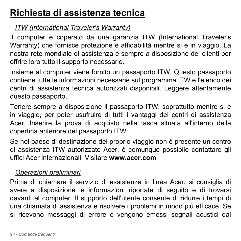 Richiesta di assistenza tecnica | Acer W700P User Manual | Page 430 / 3264
