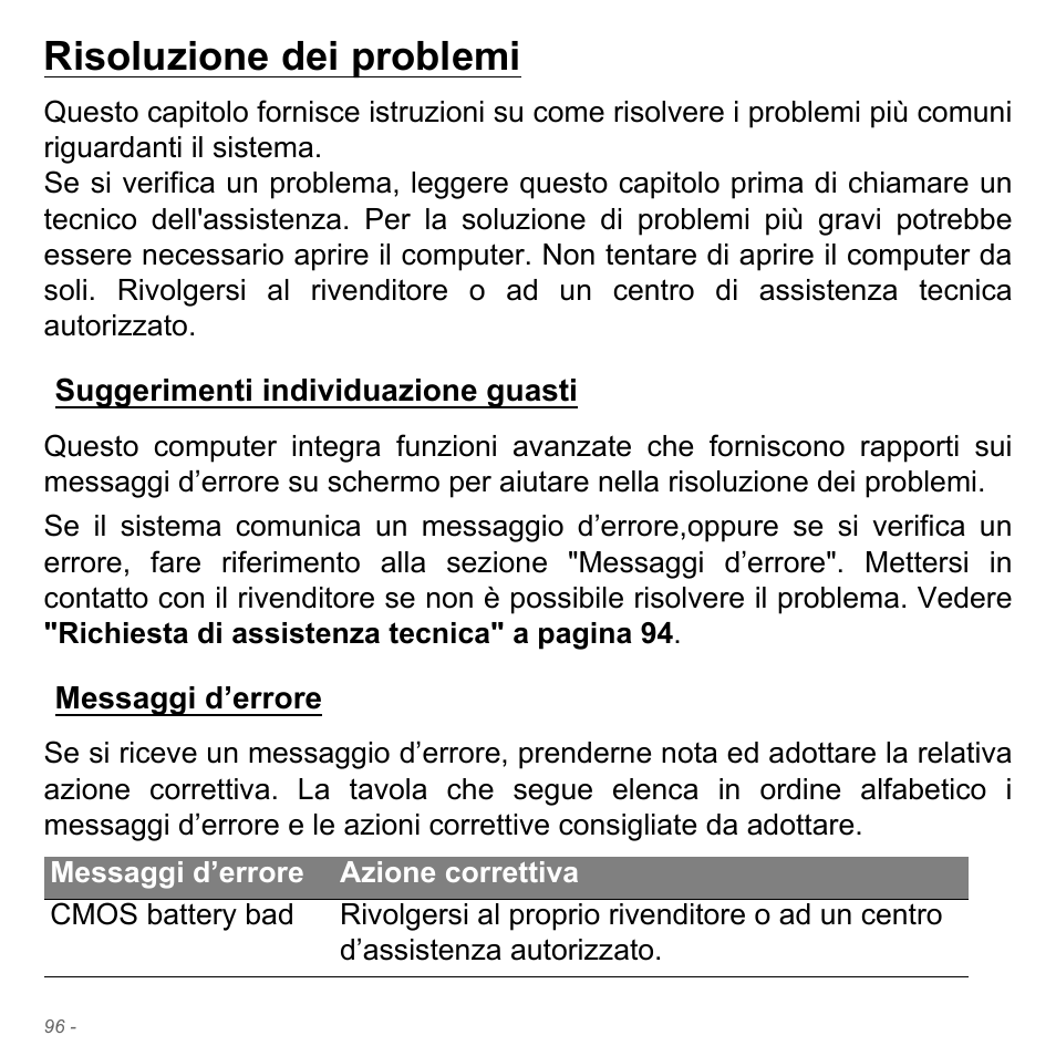 Risoluzione dei problemi, Suggerimenti individuazione guasti, Messaggi d’errore | Acer W700P User Manual | Page 432 / 3264