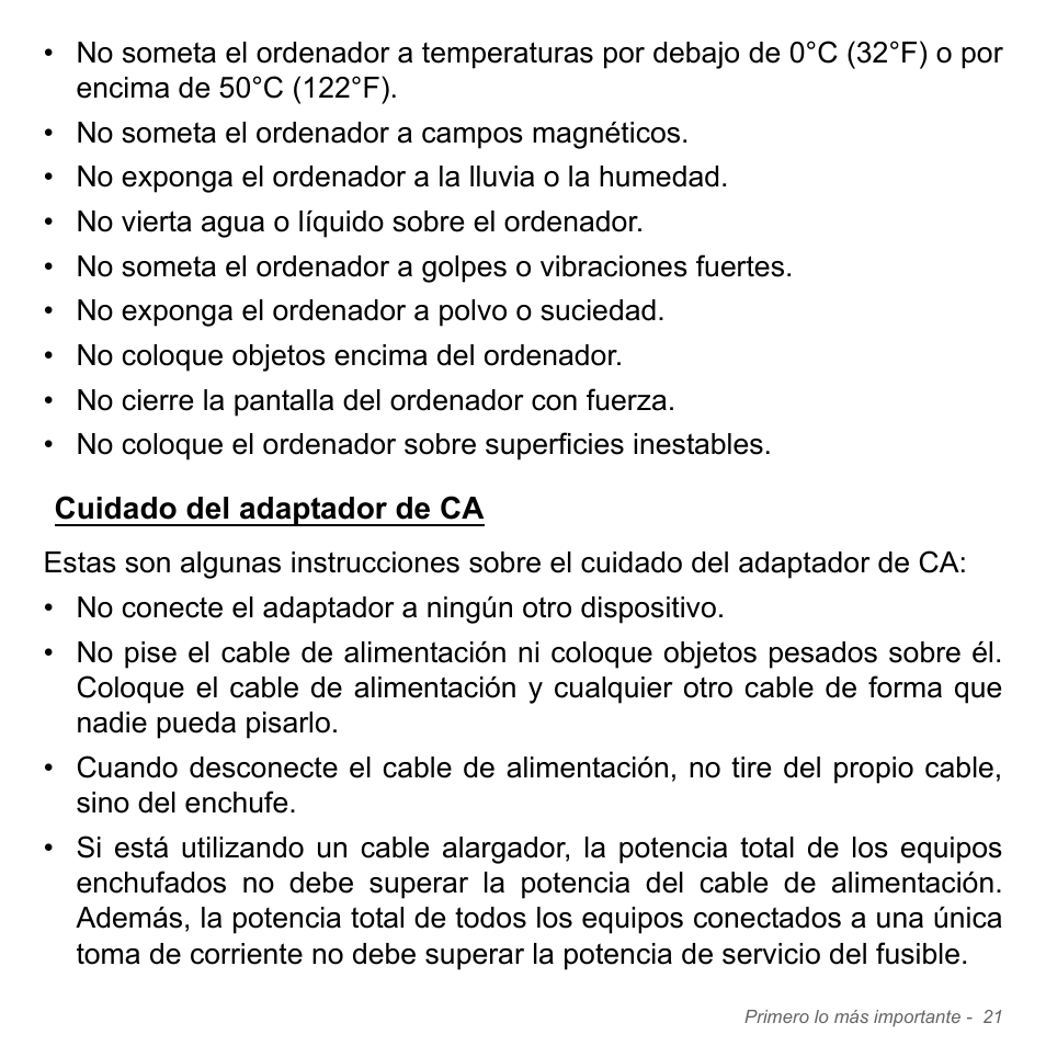 Cuidado del adaptador de ca | Acer W700P User Manual | Page 469 / 3264