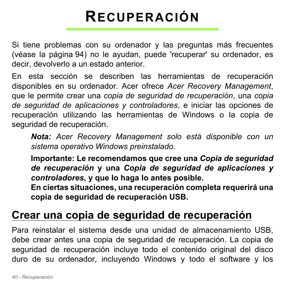 Recuperación, Crear una copia de seguridad de recuperación, Ecuperación | Acer W700P User Manual | Page 488 / 3264