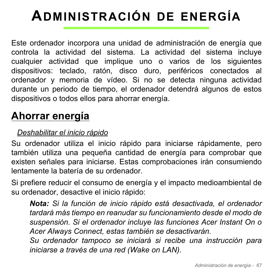 Administración de energía, Ahorrar energía, Dministración | Energía | Acer W700P User Manual | Page 515 / 3264