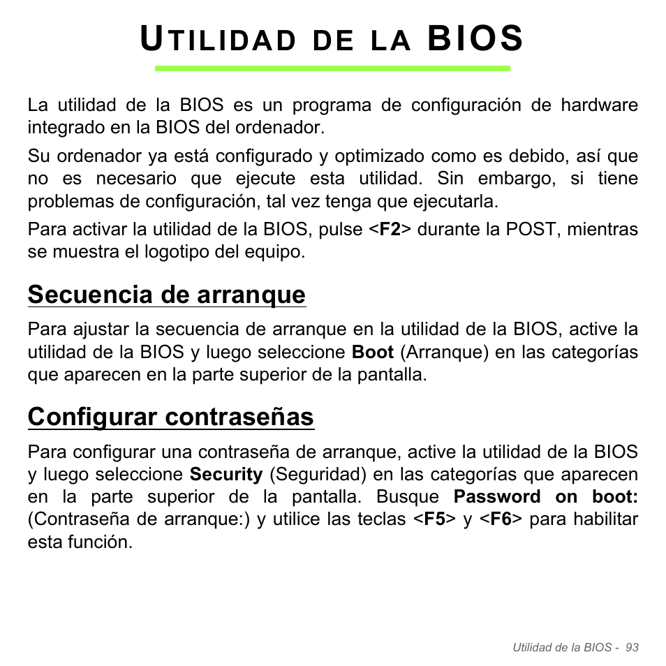 Utilidad de la bios, Secuencia de arranque, Configurar contraseñas | Bios | Acer W700P User Manual | Page 541 / 3264