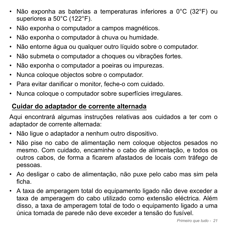 Cuidar do adaptador de corrente alternada | Acer W700P User Manual | Page 585 / 3264