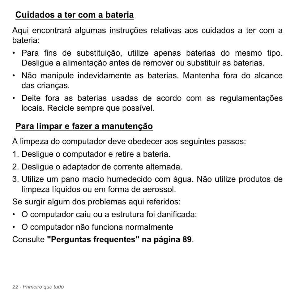 Cuidados a ter com a bateria, Para limpar e fazer a manutenção | Acer W700P User Manual | Page 586 / 3264