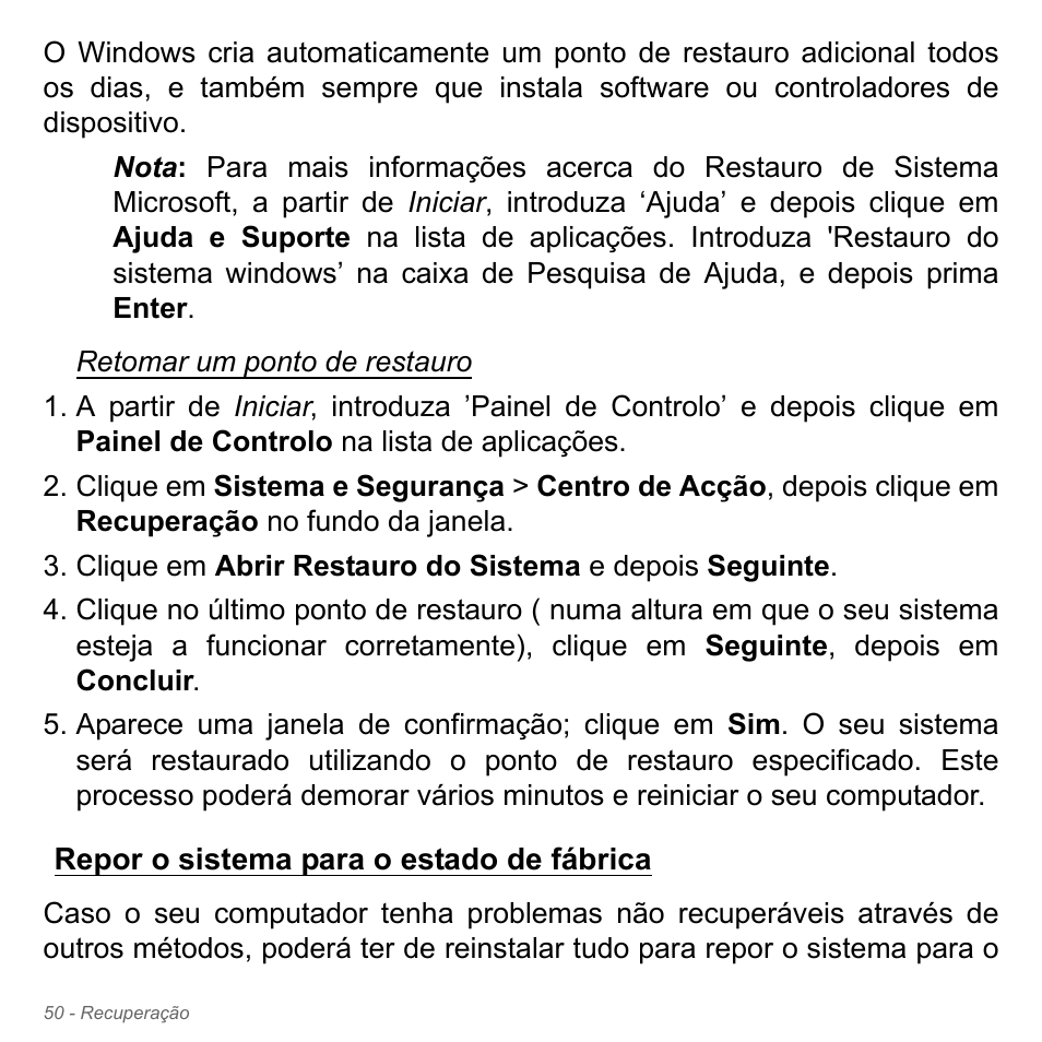 Repor o sistema para o estado de fábrica | Acer W700P User Manual | Page 614 / 3264