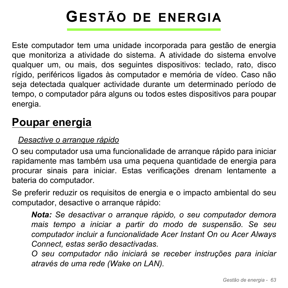 Gestão de energia, Poupar energia, Estão | Energia | Acer W700P User Manual | Page 627 / 3264