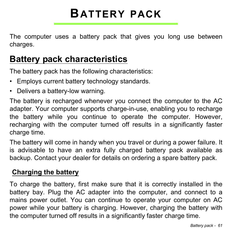 Battery pack, Battery pack characteristics, Charging the battery | Attery, Pack | Acer W700P User Manual | Page 63 / 3264