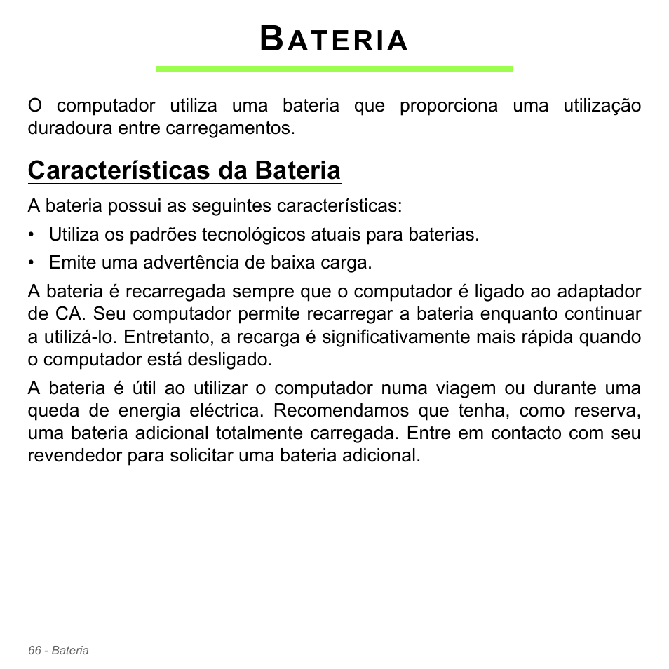 Bateria, Características da bateria, Ateria | Acer W700P User Manual | Page 630 / 3264