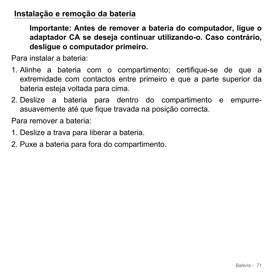 Instalação e remoção da bateria | Acer W700P User Manual | Page 635 / 3264