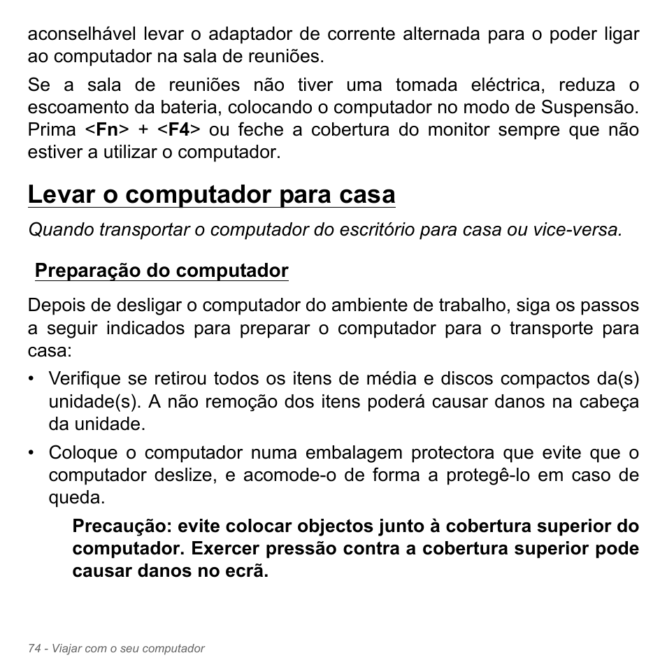 Levar o computador para casa, Preparação do computador | Acer W700P User Manual | Page 638 / 3264