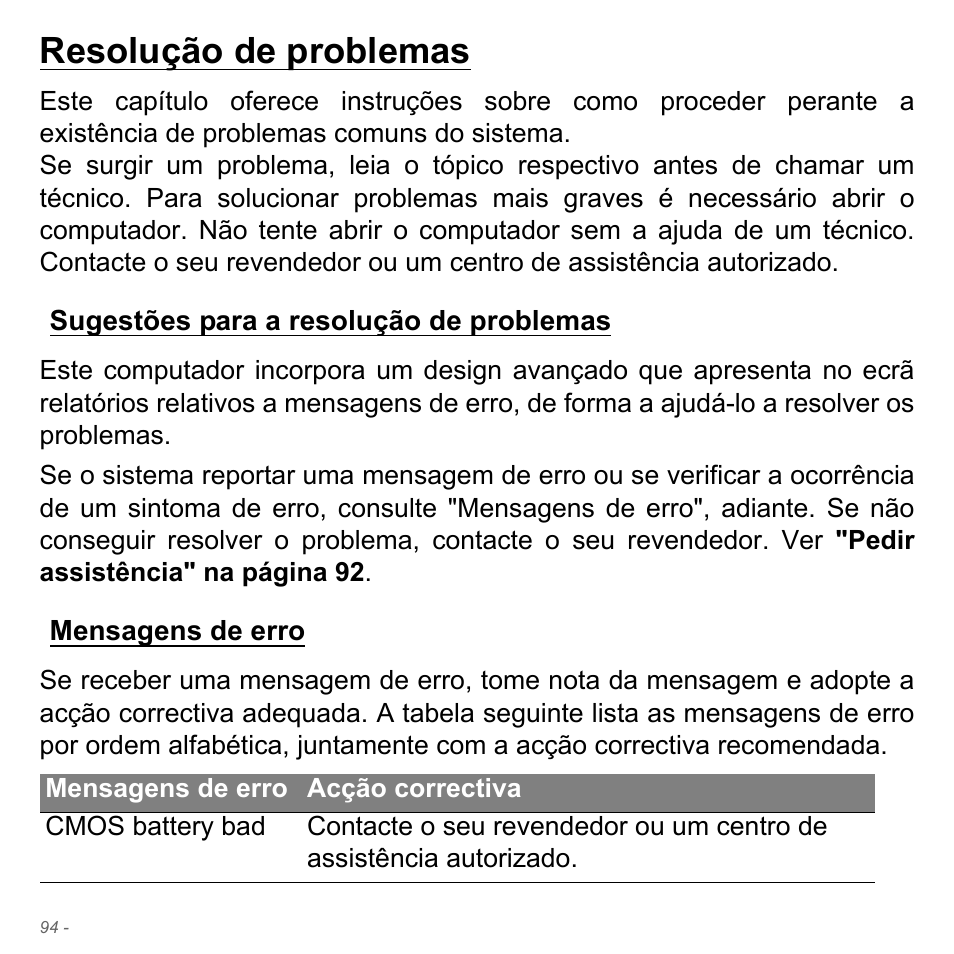 Resolução de problemas, Sugestões para a resolução de problemas, Mensagens de erro | Acer W700P User Manual | Page 658 / 3264