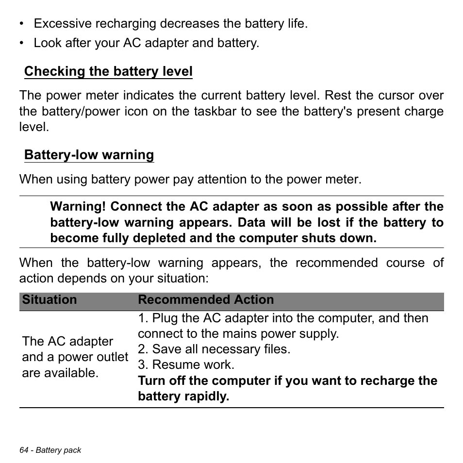 Checking the battery level, Battery-low warning, Checking the battery level battery-low warning | Acer W700P User Manual | Page 66 / 3264