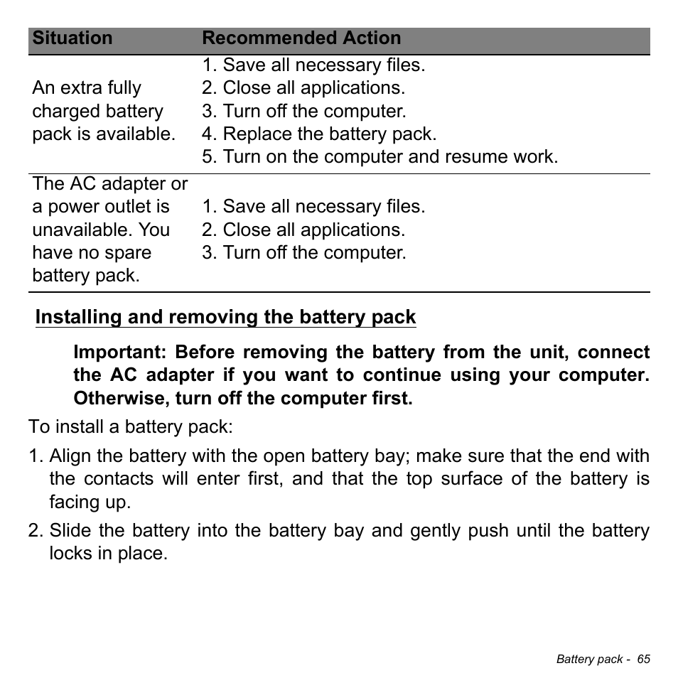 Installing and removing the battery pack | Acer W700P User Manual | Page 67 / 3264