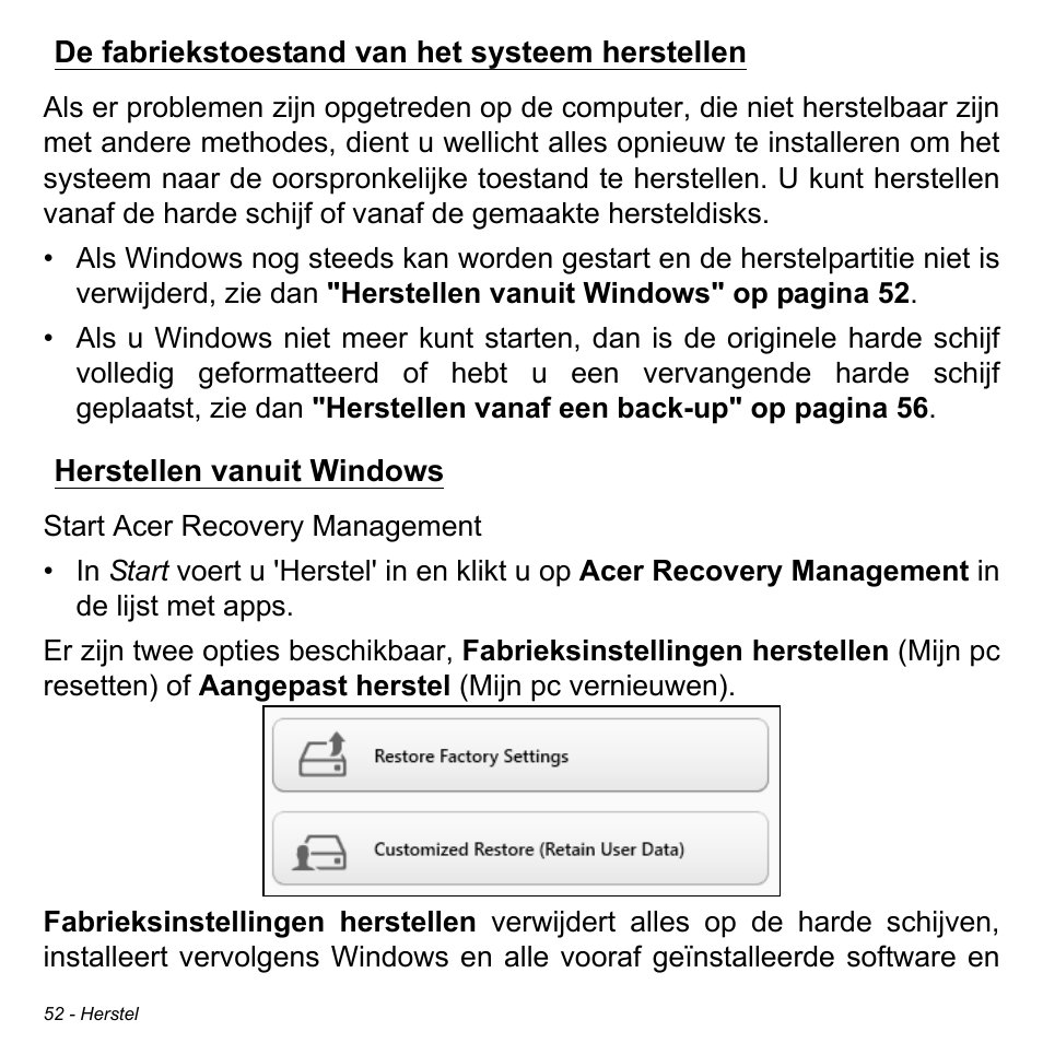 De fabriekstoestand van het systeem herstellen, Herstellen vanuit windows | Acer W700P User Manual | Page 726 / 3264