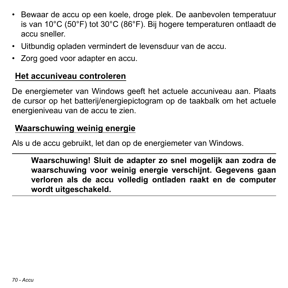 Het accuniveau controleren, Waarschuwing weinig energie | Acer W700P User Manual | Page 744 / 3264