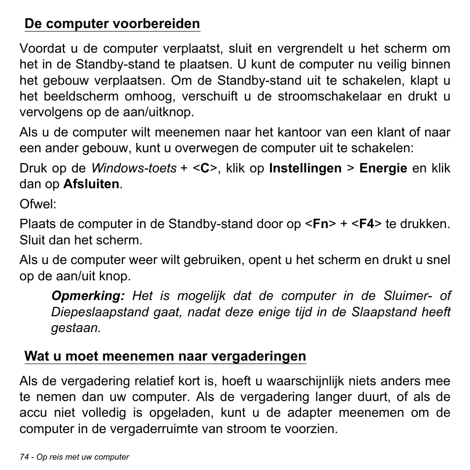 De computer voorbereiden, Wat u moet meenemen naar vergaderingen | Acer W700P User Manual | Page 748 / 3264