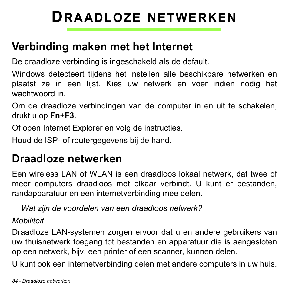 Draadloze netwerken, Verbinding maken met het internet, Raadloze | Netwerken | Acer W700P User Manual | Page 758 / 3264