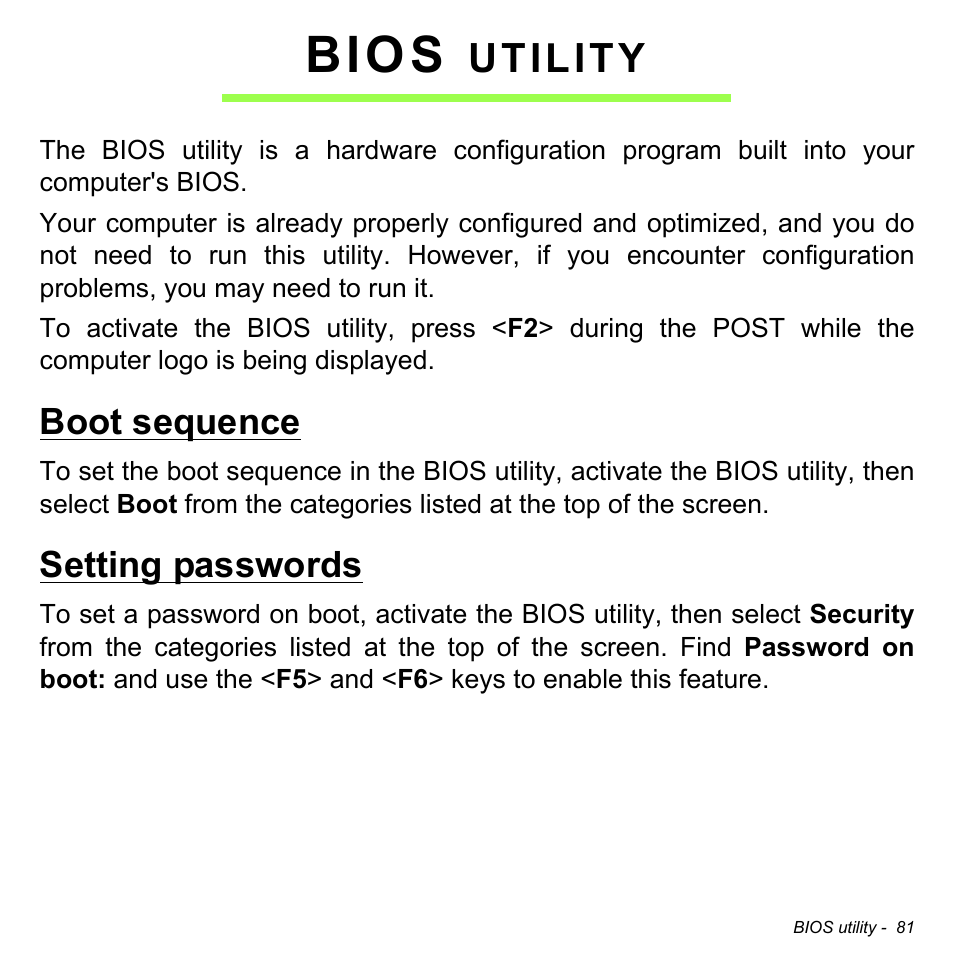 Bios utility, Boot sequence, Setting passwords | Bios, Utility | Acer W700P User Manual | Page 83 / 3264