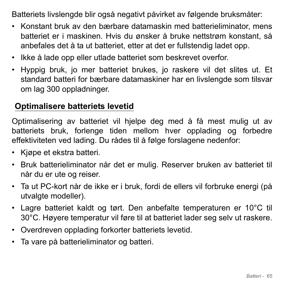 Optimalisere batteriets levetid | Acer W700P User Manual | Page 851 / 3264