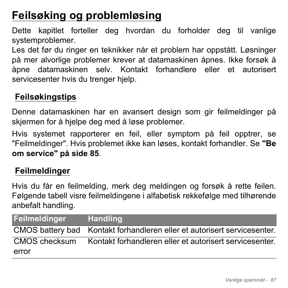 Feilsøking og problemløsing, Feilsøkingstips, Feilmeldinger | Feilsøkingstips feilmeldinger | Acer W700P User Manual | Page 873 / 3264