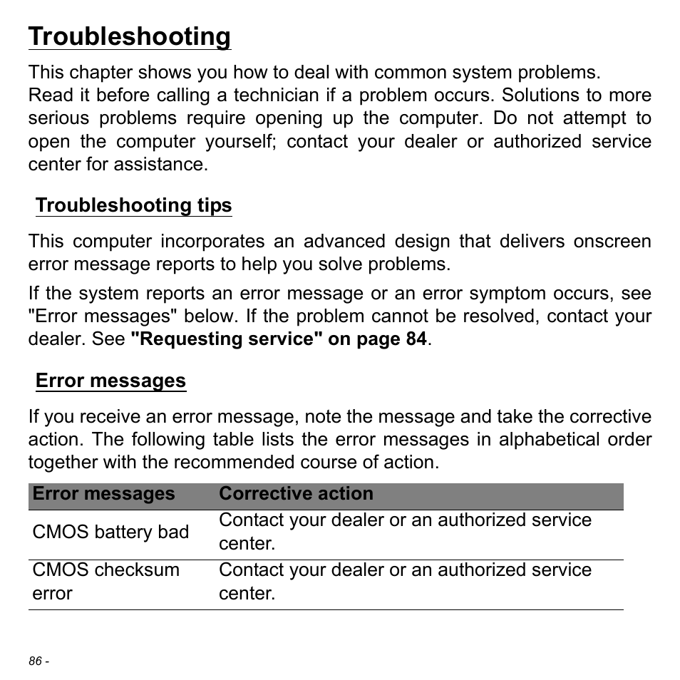 Troubleshooting, Troubleshooting tips, Error messages | Troubleshooting tips error messages | Acer W700P User Manual | Page 88 / 3264