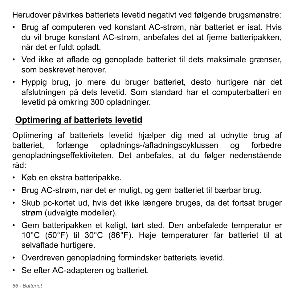 Optimering af batteriets levetid | Acer W700P User Manual | Page 956 / 3264