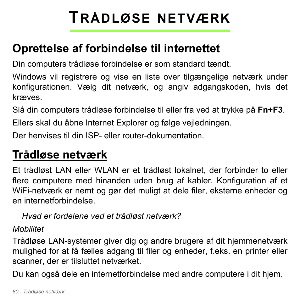 Trådløse netværk, Oprettelse af forbindelse til internettet, Rådløse | Netværk | Acer W700P User Manual | Page 970 / 3264