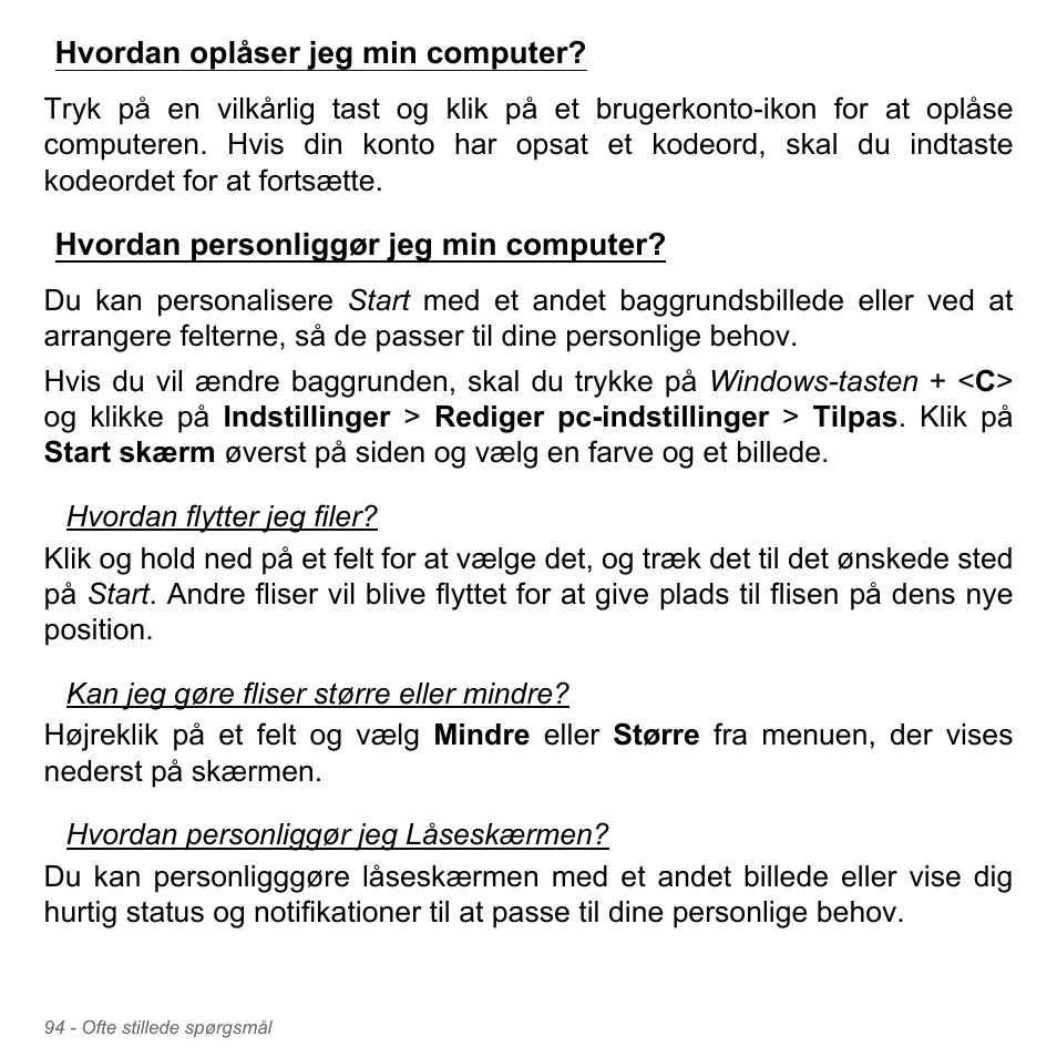 Hvordan oplåser jeg min computer, Hvordan personliggør jeg min computer | Acer W700P User Manual | Page 984 / 3264