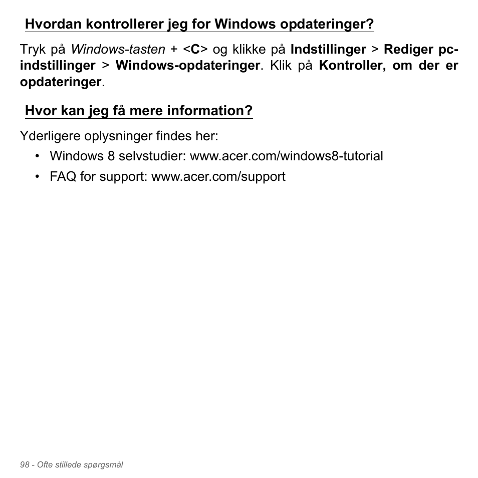 Hvordan kontrollerer jeg for windows opdateringer, Hvor kan jeg få mere information | Acer W700P User Manual | Page 988 / 3264