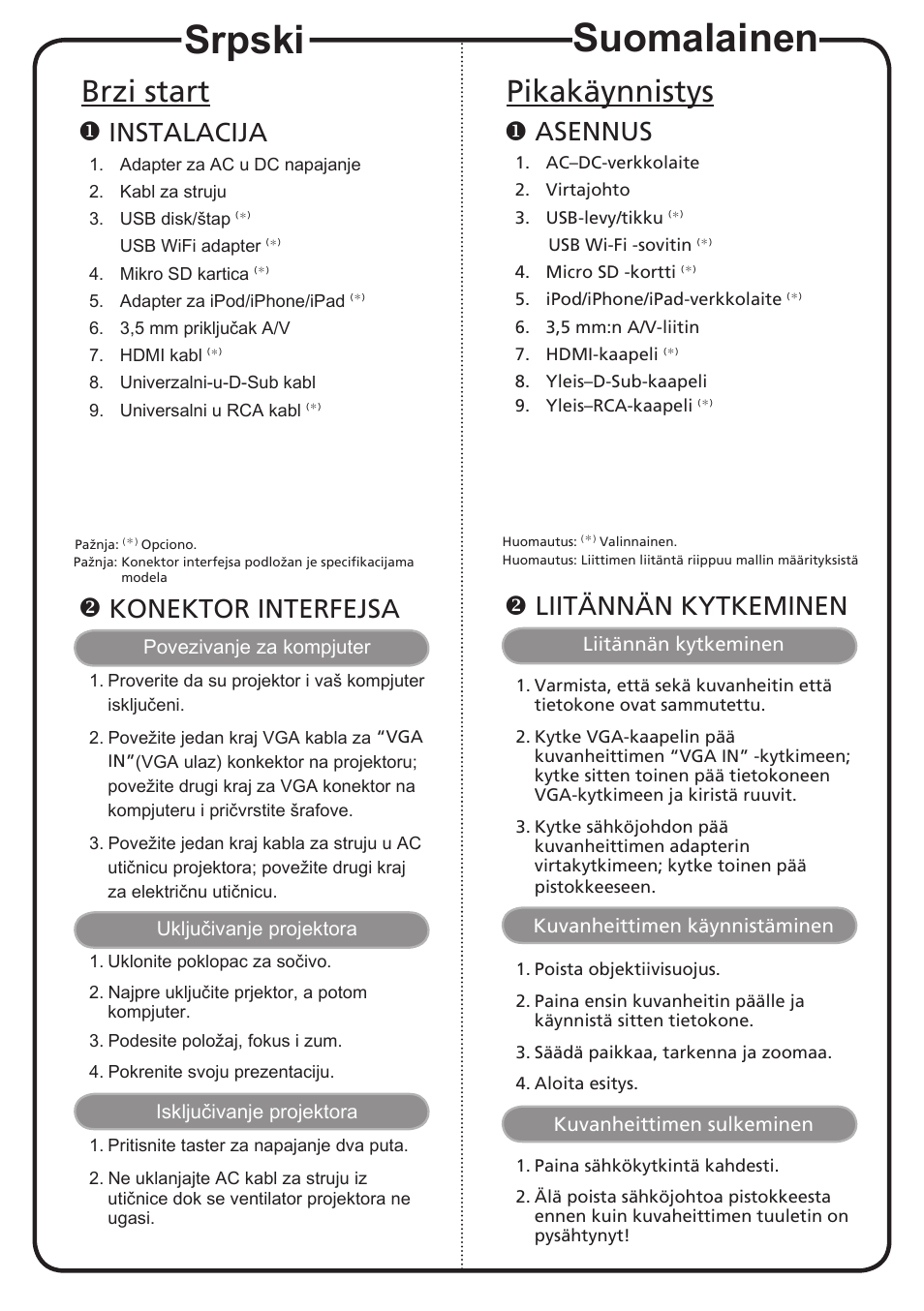Suomalainen, Srpski, Pikakäynnistys | Brzi start, Asennus, Liitännän kytkeminen, Instalacija, Konektor interfejsa | Acer K130 User Manual | Page 12 / 17