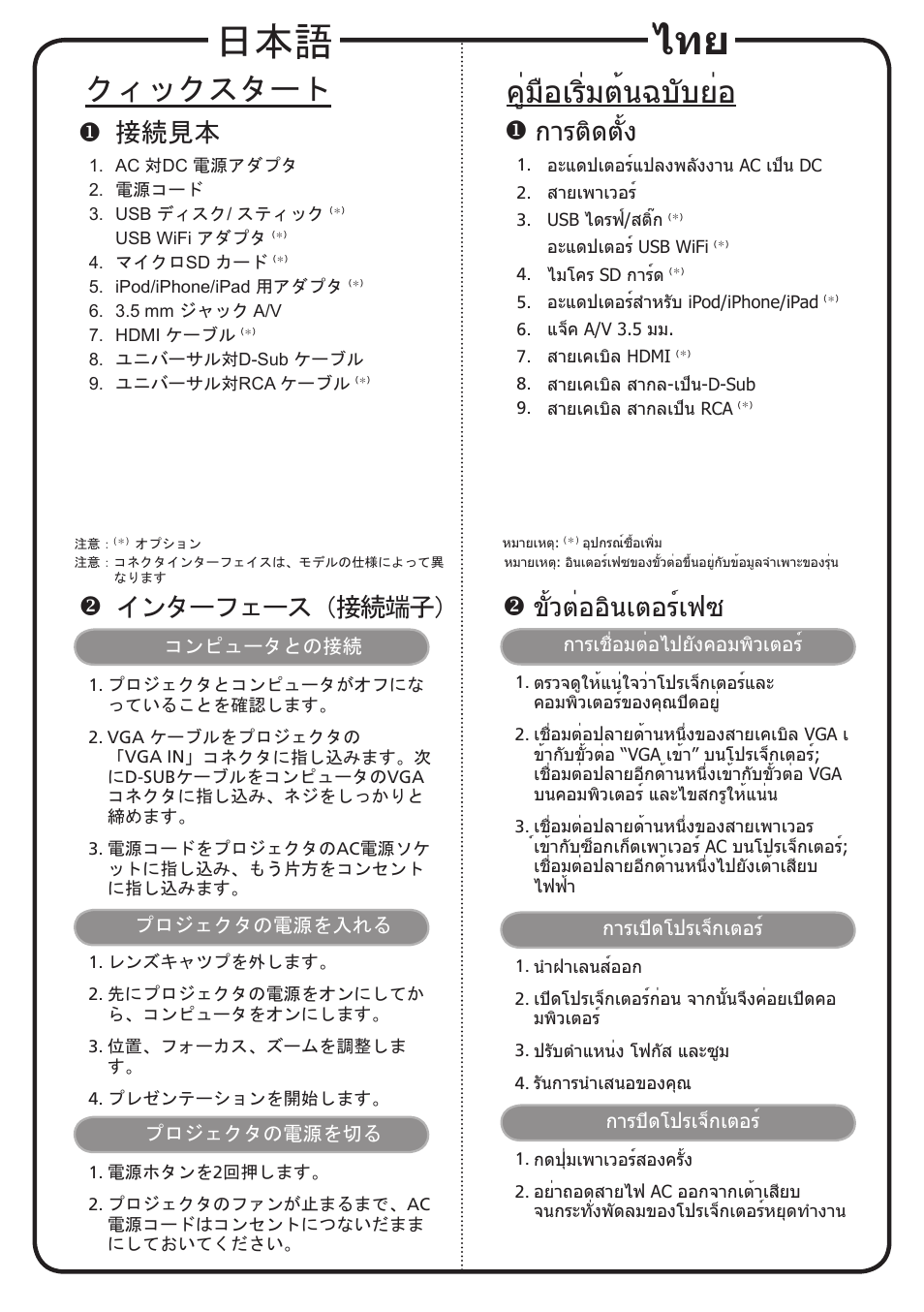 คู่มือเริ่มต้นฉบับย่อ, クィックスタート, การติดตั้ง | ขั้วต่ออินเตอร์เฟซ, 接続見本, インターフェース（接続端子 | Acer K130 User Manual | Page 15 / 17